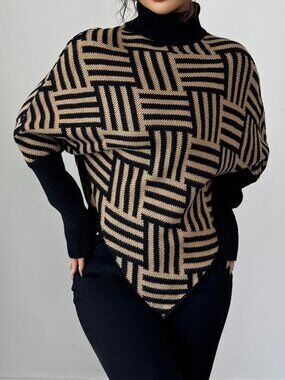 Black & Beige Preppy Women's Geometric High Neck Asymmetrical Pullover Sweater